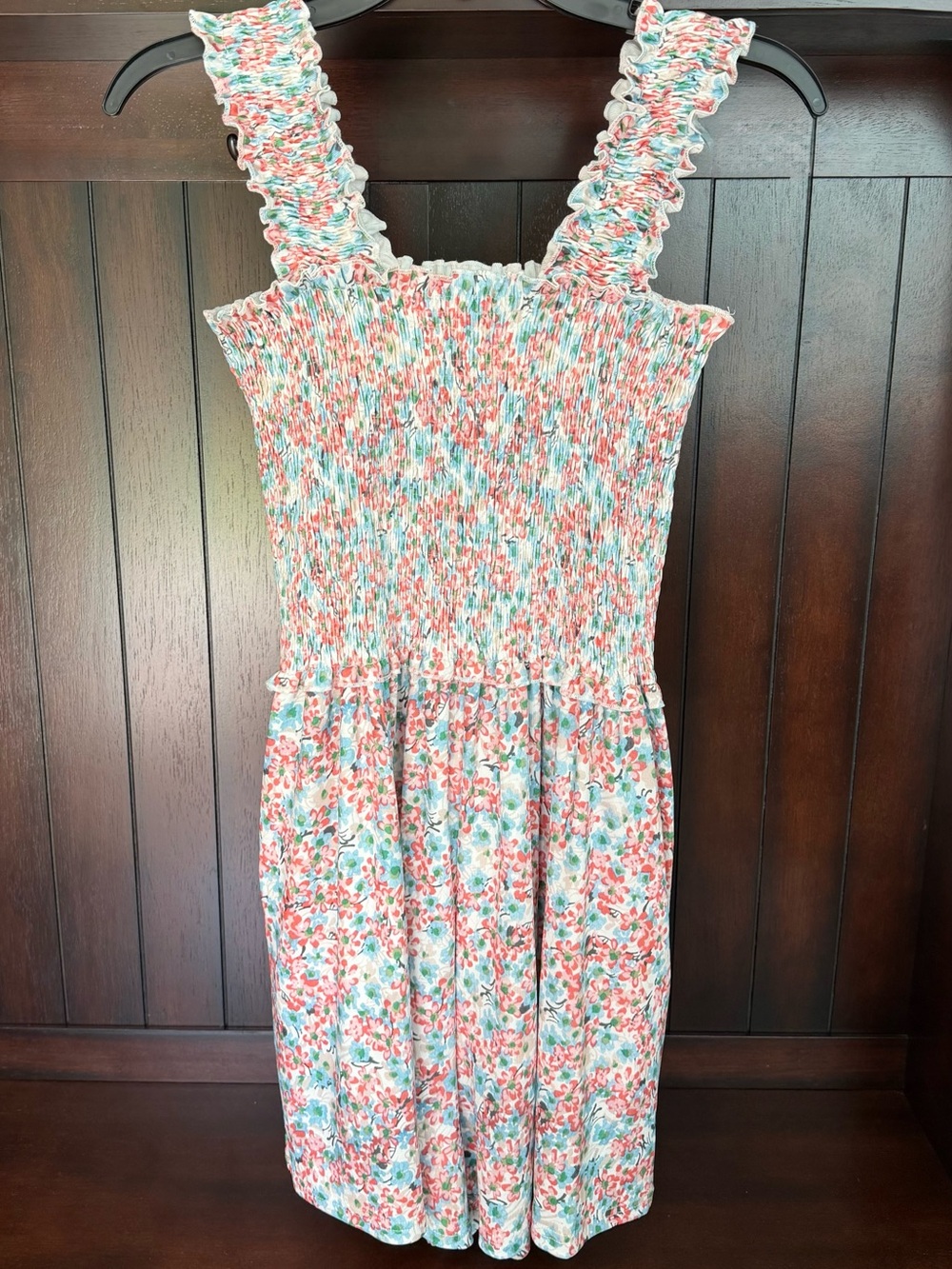 Smocked Floral Sundress Romper in Touquise Peach and White - Picture 4 of 9